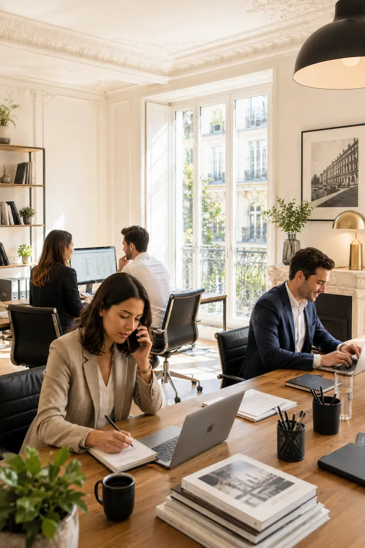 Équipe en train de travailler dans des bureaux