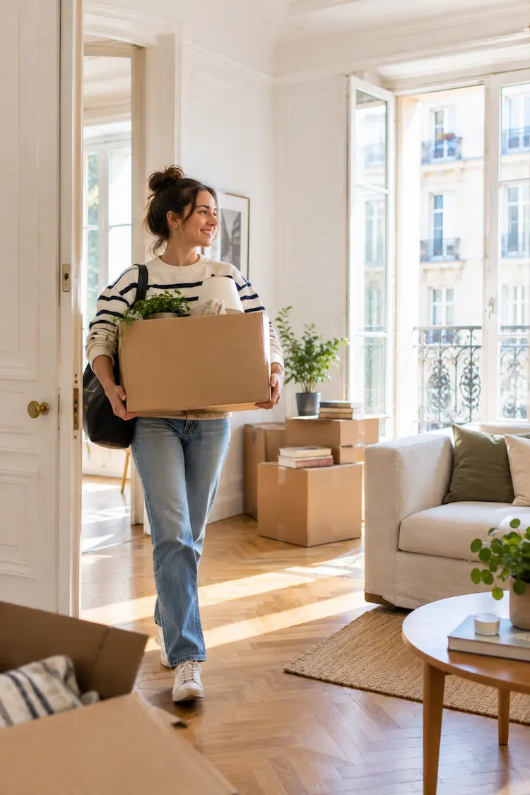 Femme qui emménage dans un appartement