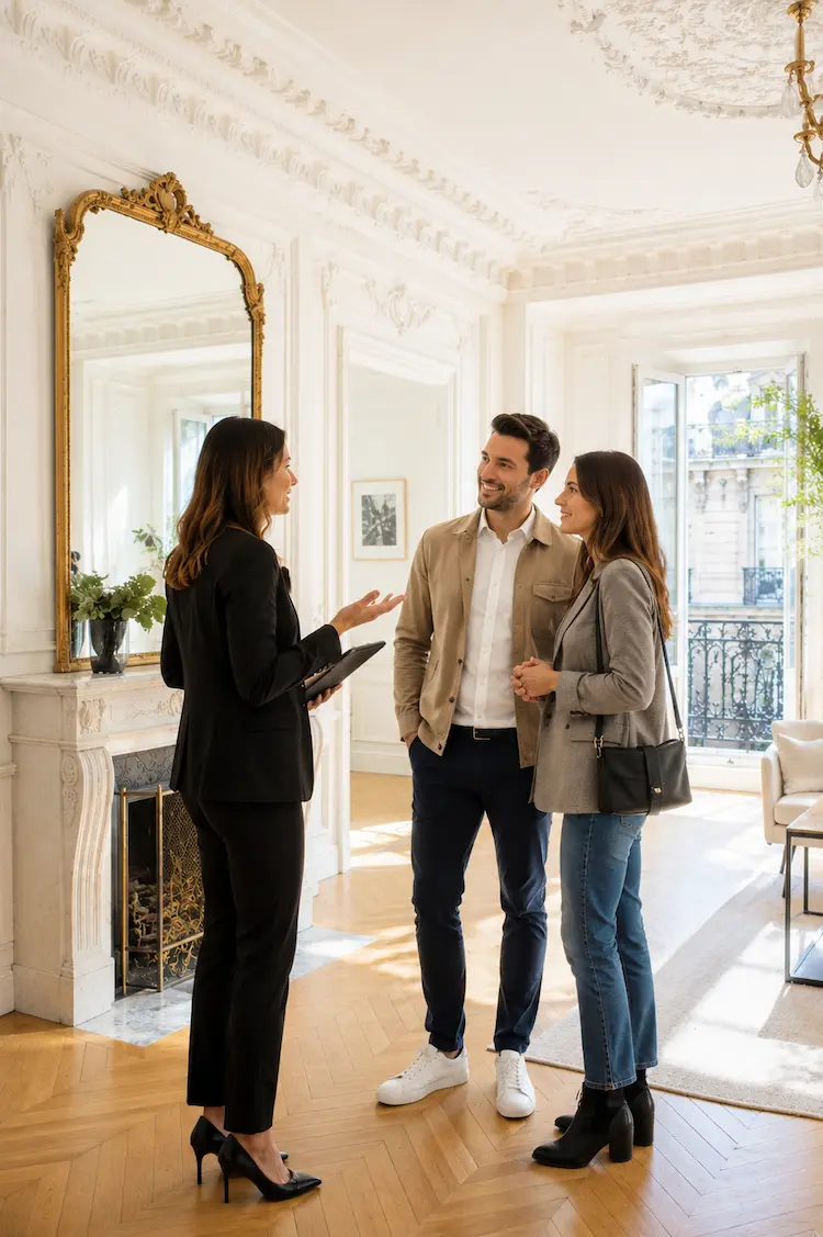 Femme agent immobilier en rendez-vous avec des clients dans un appartement