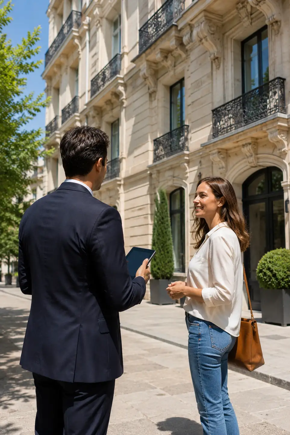 Homme en costume discutant avec une femme près d'un immeuble