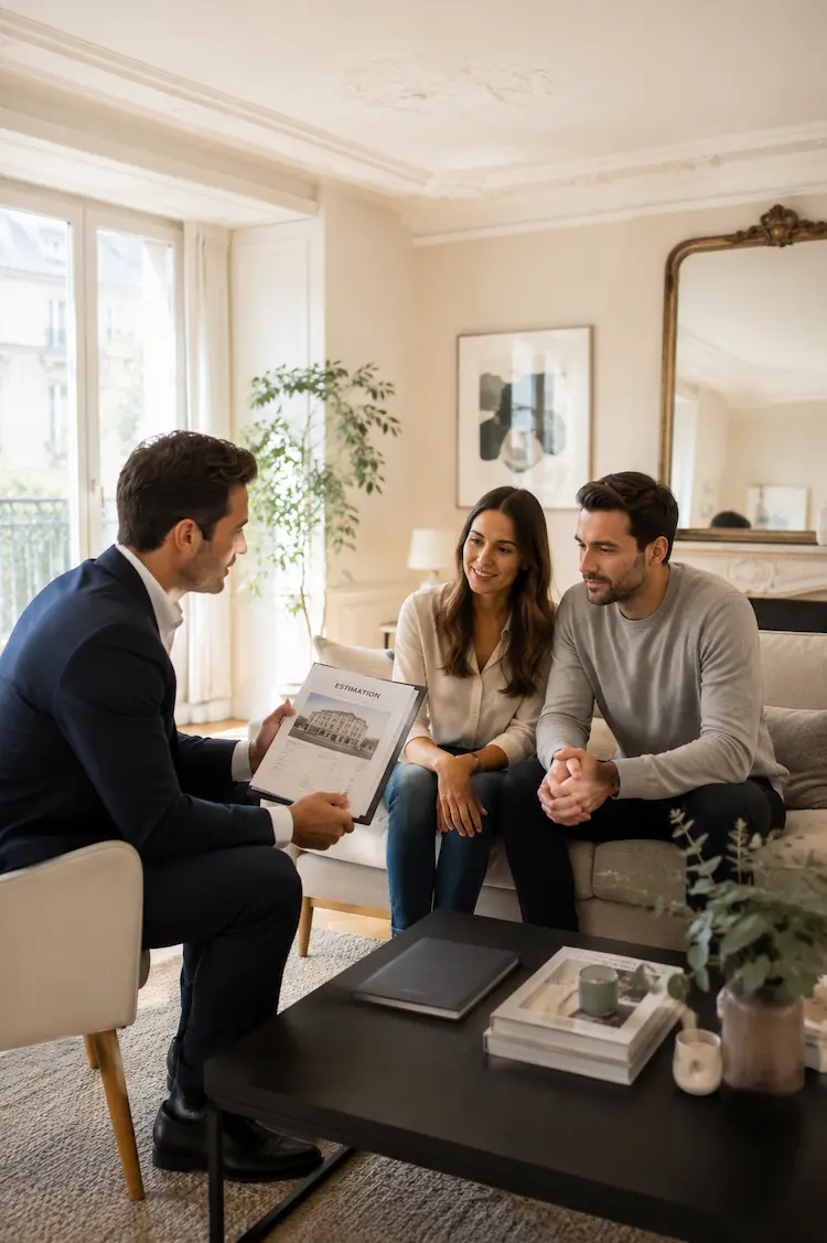 Agent immobilier en estimation d'un appartement avec des clients