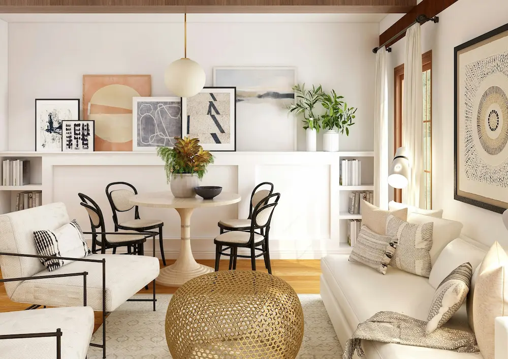 Séjour lumineux avec espace salon et salle à manger, vente immobilière