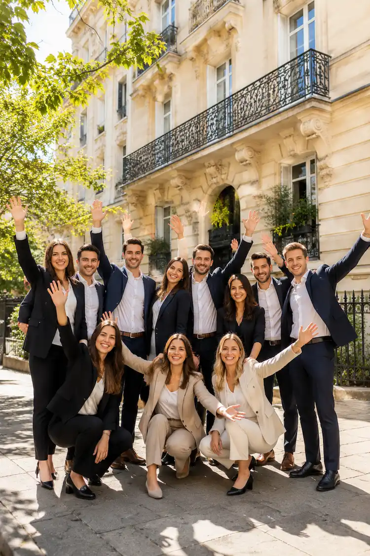 Equipe d'une entreprise devant un immeuble parisien